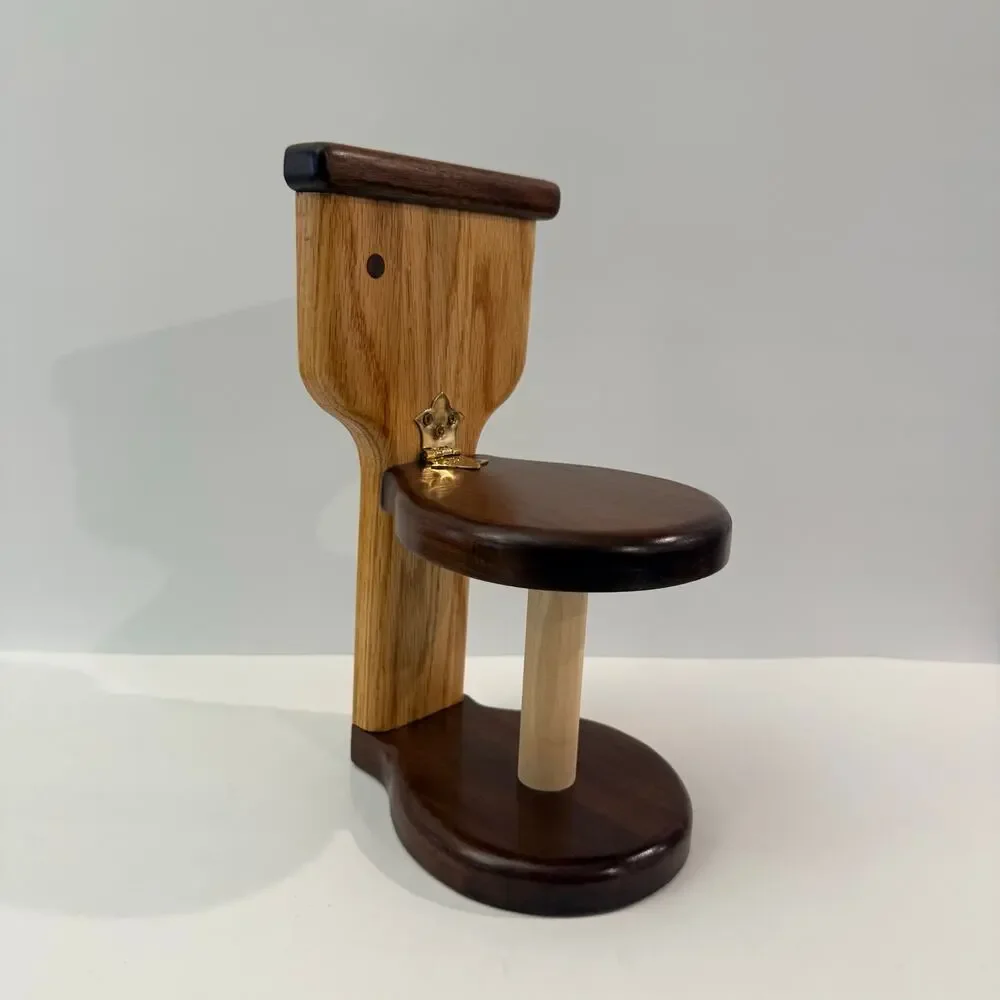 Wooden Toilet Shaped Paper Holder Hinged 2 Tone Freestanding 11 x 6